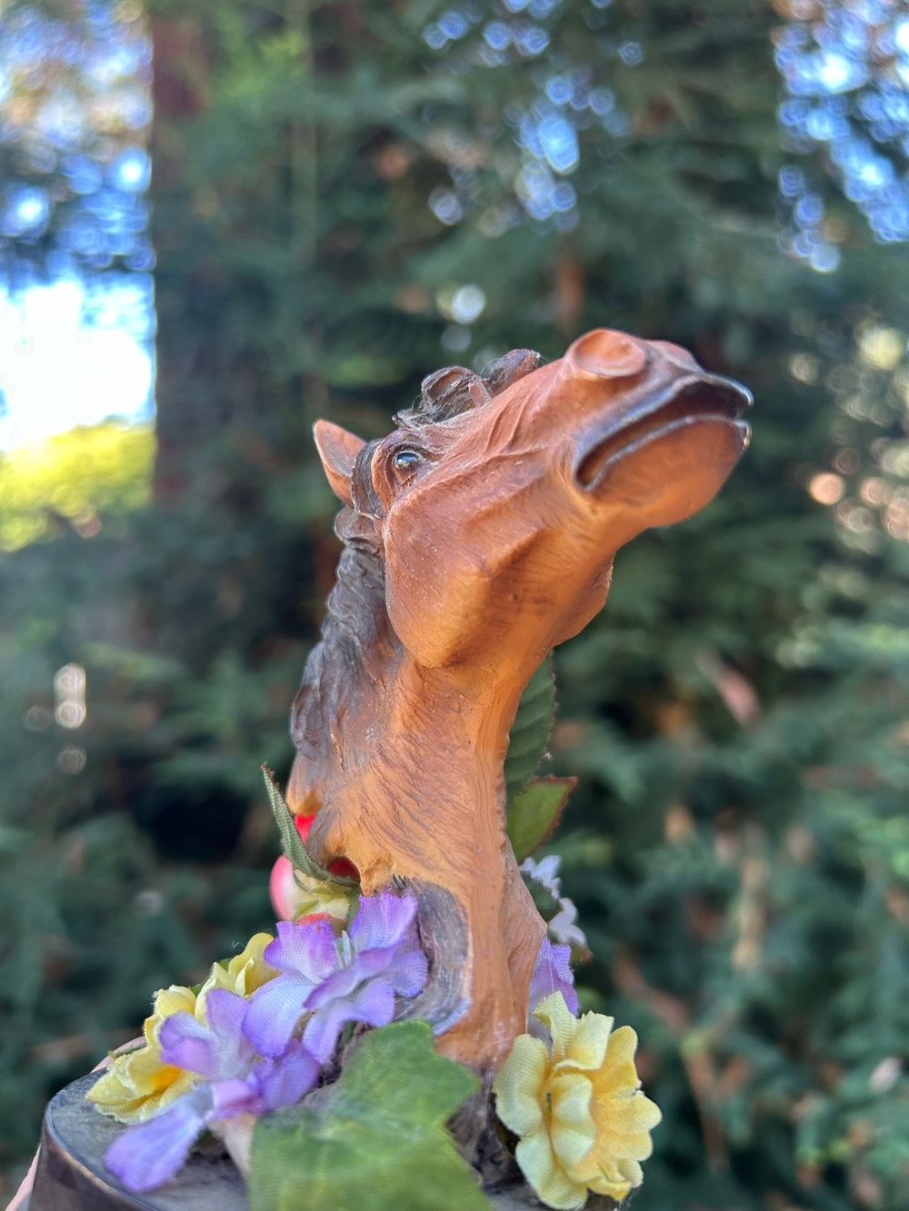 Vintage Small Brown Horse Head Home Art Sculpture with Floral Accent